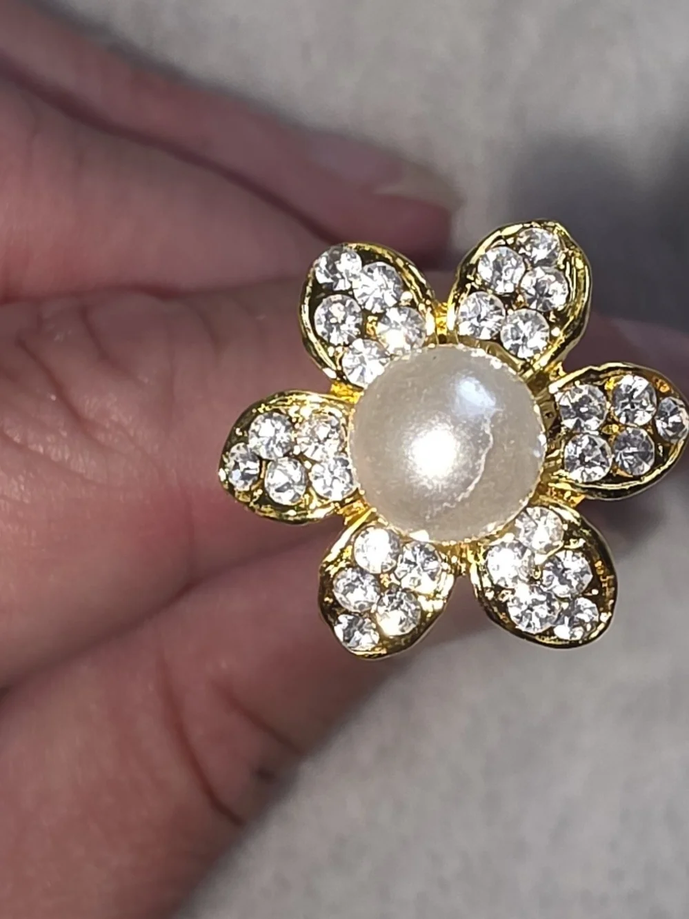 Gold Flower Hair Pin with White Pearl & Crystal Accents